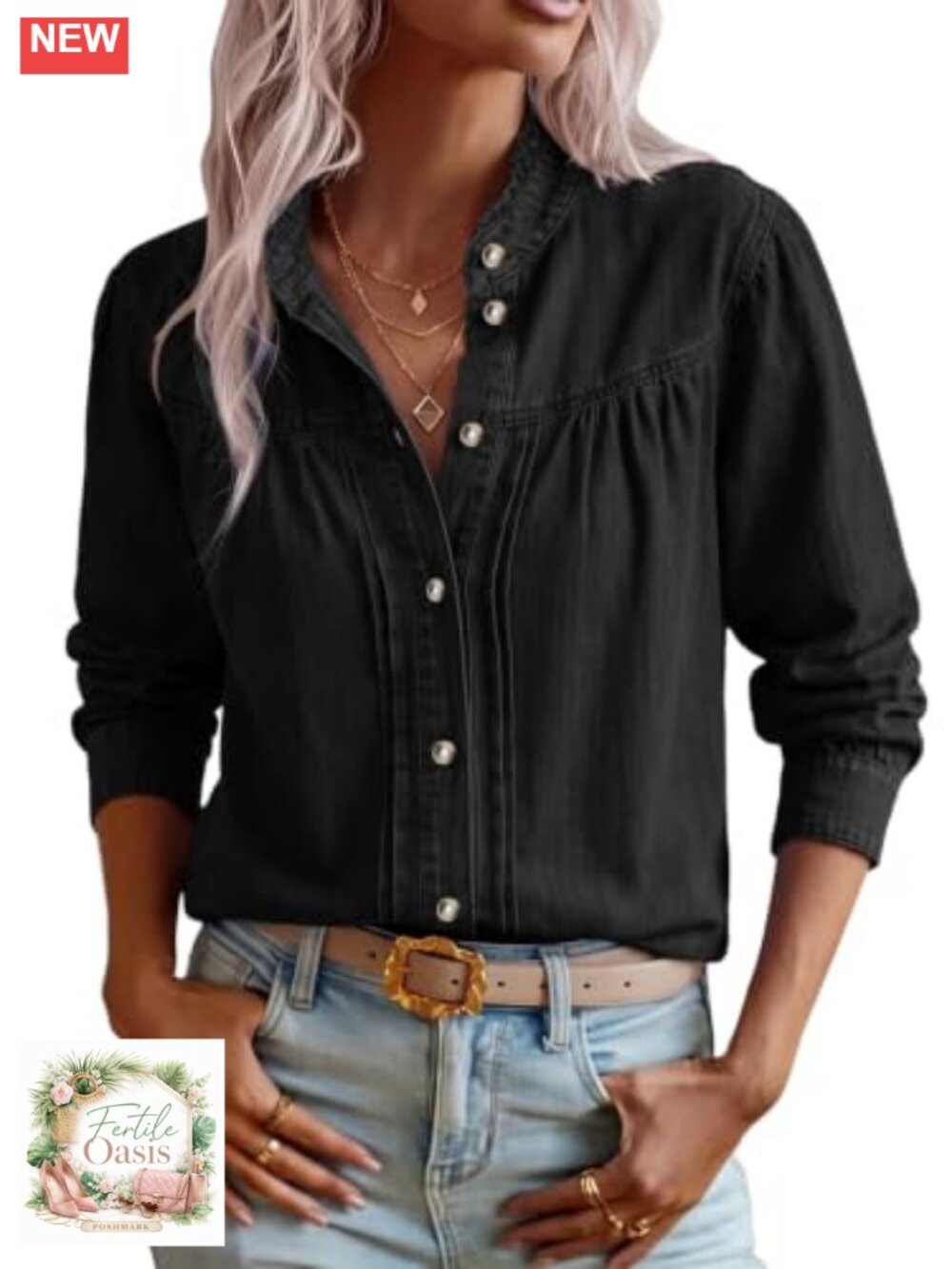 Women's Denim Button Down Shirt Long Sleeve Ruffle Hem Western Top